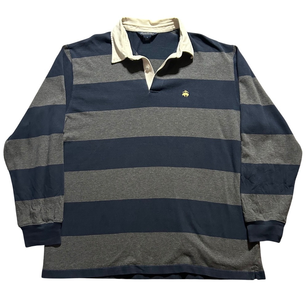 Brooks Brothers Rugby Shirt Mens XL Navy Grey Striped Long Sleeve Cotton Logo